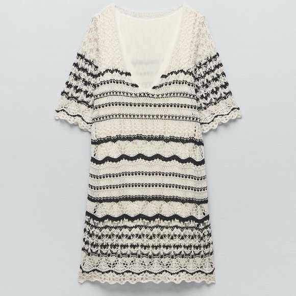 Zara Ivory Black Stripe Crochet Knit Short Sleeve Mini Dress Blogger Fav - Picture 8 of 9